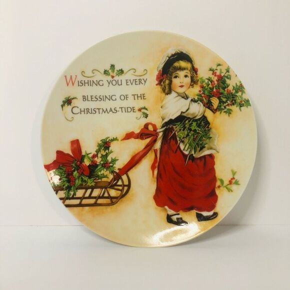 vintage old world christmas plate girl with holly and sleigh 8 inch - Picture 1 of 5